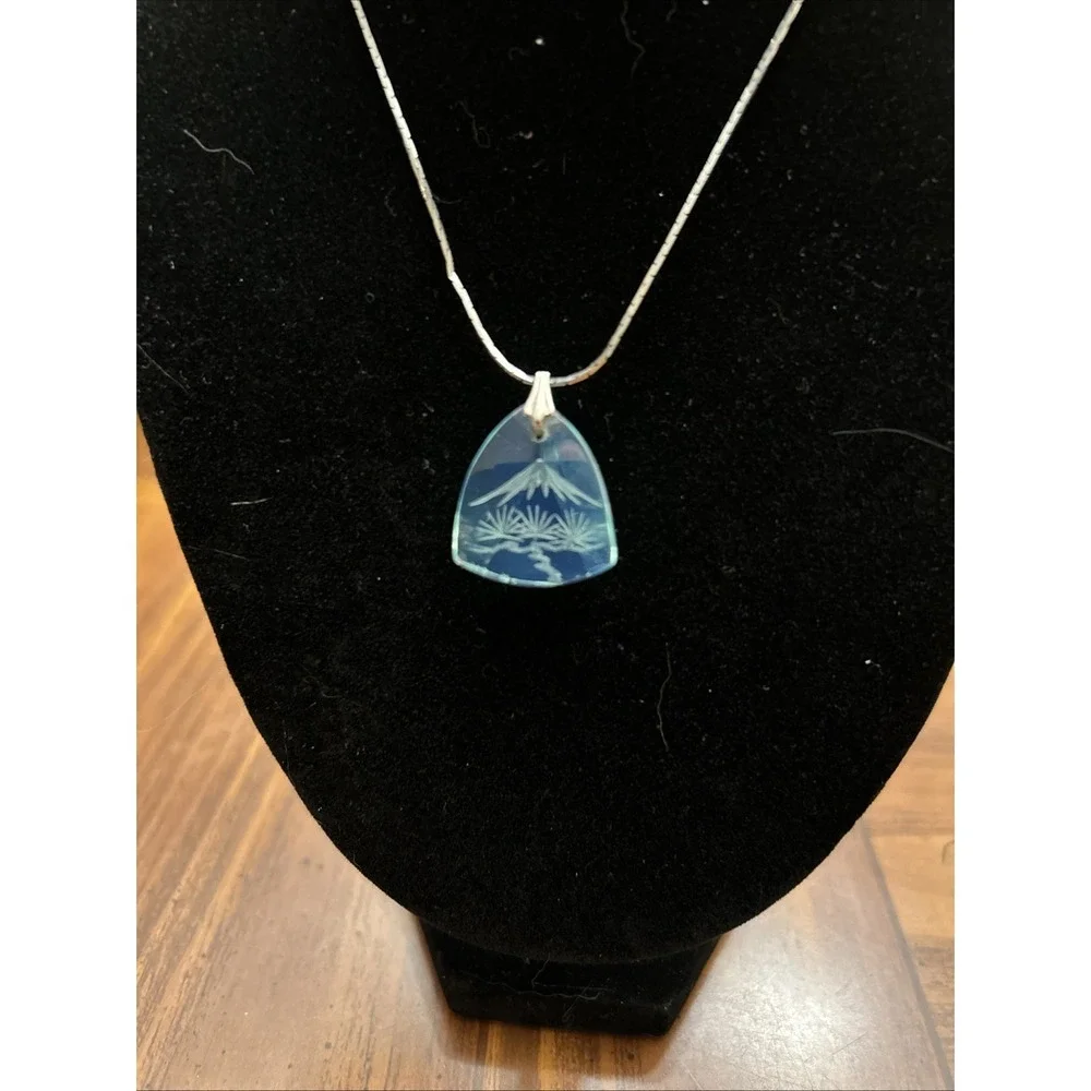 Silver Tone Vintage Necklace Blue Clear‎ Glass Etch Pendant Marked Japan
